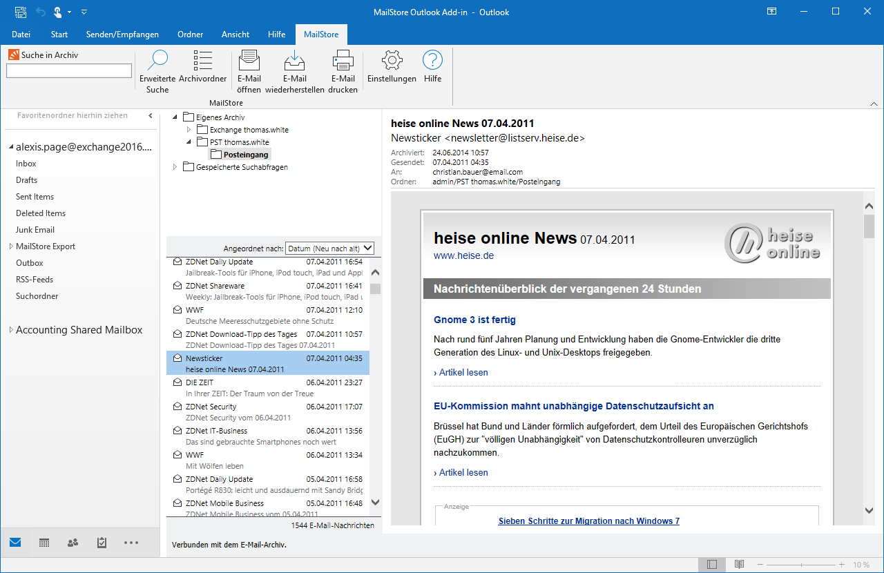 MailStore in Outlook integriert